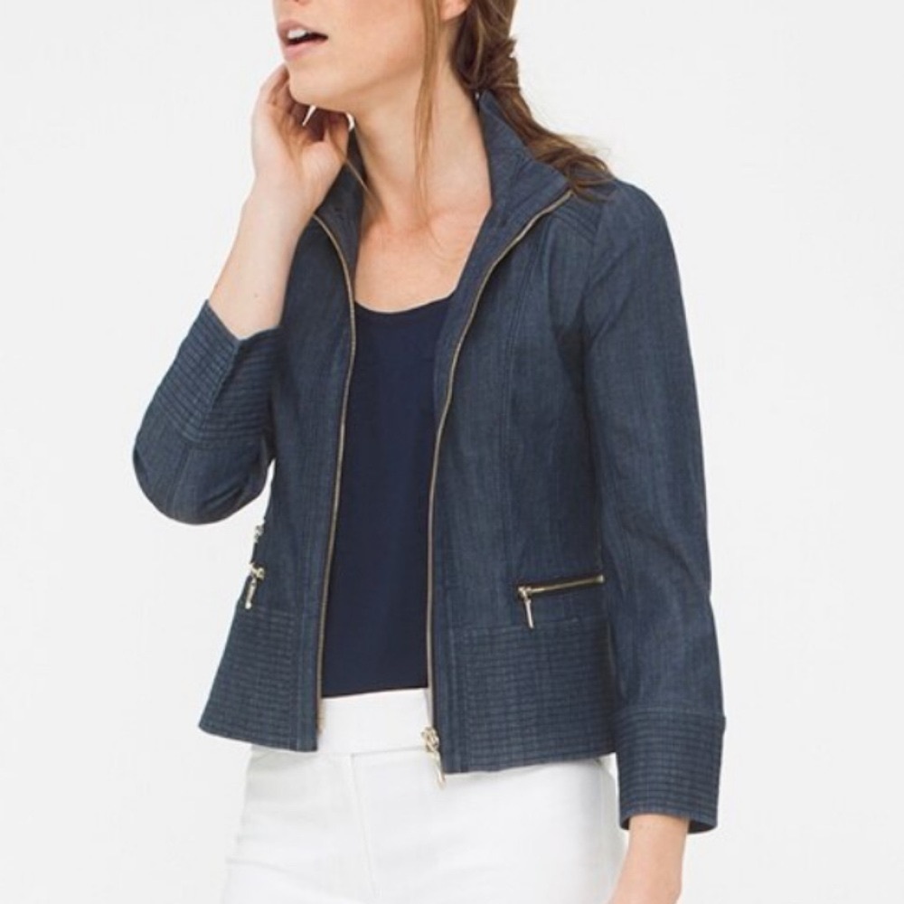 White House Black Market Zip Front Denim Jacket Blue 14 - Picture 2 of 12